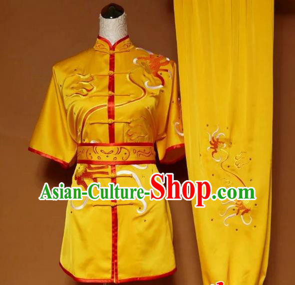 Asian Chinese Top Grade Silk Kung Fu Costume Martial Arts Tai Chi Training Suit, China Gongfu Shaolin Wushu Yellow Embroidery Uniform for Women