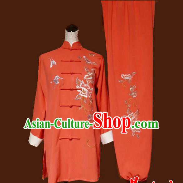 Asian Chinese Top Grade Linen Kung Fu Costume Martial Arts Tai Chi Training Suit, China Gongfu Shaolin Wushu Embroidery Butterfly Peony Orange Uniform for Women