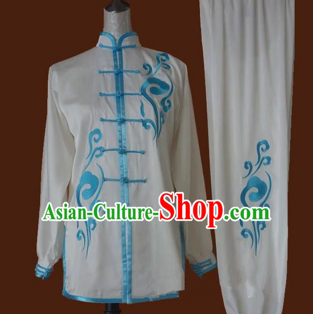 Top Grade Kung Fu Costume Asian Chinese Martial Arts Tai Chi Training White Uniform, China Embroidery Gongfu Shaolin Wushu Clothing for Men for Women