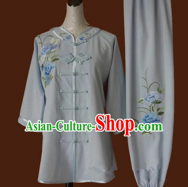 Top Grade Kung Fu Costume Asian Chinese Martial Arts Tai Chi Training Grey Uniform, China Embroidery Peony Gongfu Shaolin Wushu Clothing for Women