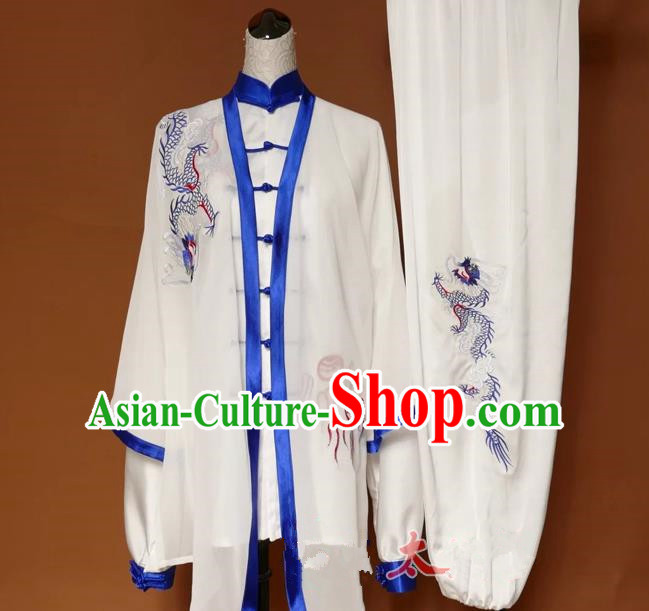 Top Grade Kung Fu Silk Costume Asian Chinese Martial Arts Tai Chi Training Uniform, China Embroidery Blue Dragon Gongfu Shaolin Wushu Clothing for Men for Women