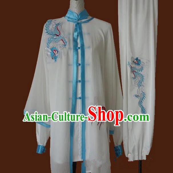 Top Grade Kung Fu Silk Costume Asian Chinese Martial Arts Tai Chi Training Uniform, China Embroidery Light Blue Dragon Gongfu Shaolin Wushu Clothing for Men for Women