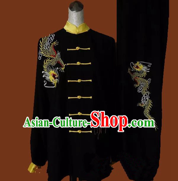 Top Grade Kung Fu Silk Costume Asian Chinese Martial Arts Tai Chi Training Black Uniform, China Embroidery Dragon Gongfu Shaolin Wushu Clothing for Men for Women