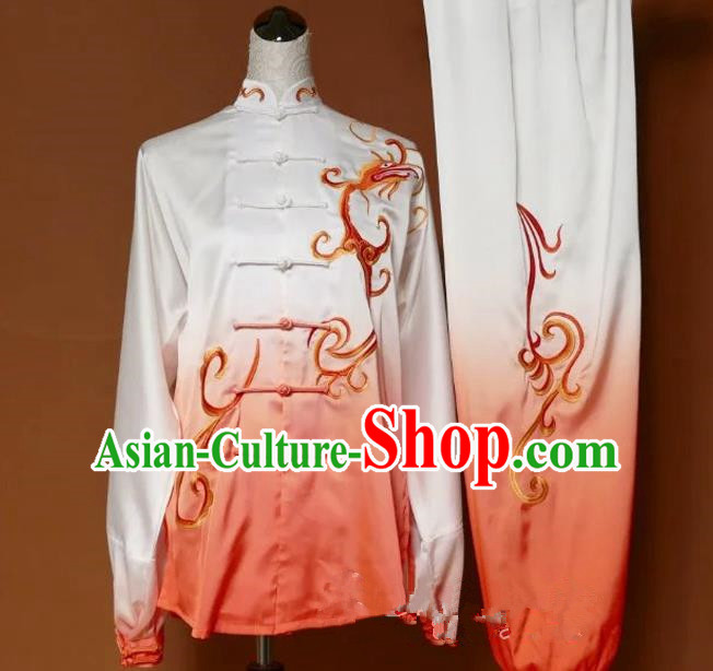 Top Grade Kung Fu Silk Costume Asian Chinese Martial Arts Tai Chi Training Orange Uniform, China Embroidery Gongfu Shaolin Wushu Clothing for Men for Women