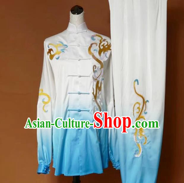 Top Grade Kung Fu Silk Costume Asian Chinese Martial Arts Tai Chi Training Gradient Blue Uniform, China Embroidery Gongfu Shaolin Wushu Clothing for Men for Women