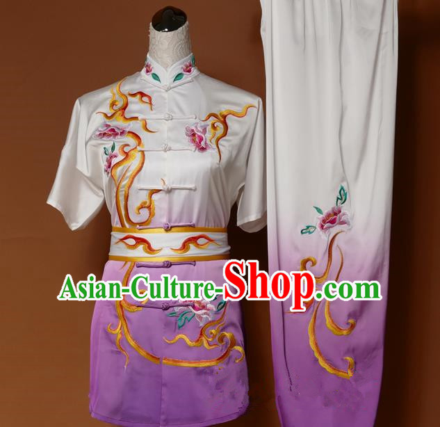 Top Grade Kung Fu Silk Costume Asian Chinese Martial Arts Tai Chi Training Gradient Purple Uniform, China Embroidery Peony Gongfu Shaolin Wushu Clothing for Women