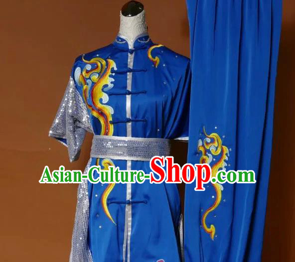 Top Grade Kung Fu Silk Costume Asian Chinese Martial Arts Tai Chi Training Blue Paillette Uniform, China Embroidery Gongfu Shaolin Wushu Clothing for Women for Men