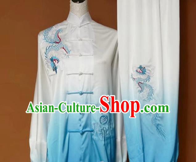 Top Grade Kung Fu Silk Costume Asian Chinese Martial Arts Tai Chi Training Gradient Blue Uniform, China Embroidery Dragon Gongfu Shaolin Wushu Clothing for Women