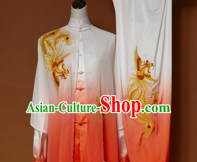 Top Grade Kung Fu Silk Costume Asian Chinese Martial Arts Tai Chi Training Gradient Orange Uniform, China Embroidery Phoenix Gongfu Shaolin Wushu Clothing for Women