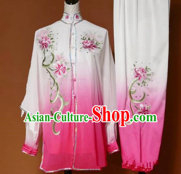 Top Grade Kung Fu Silk Costume Asian Chinese Martial Arts Tai Chi Training Pink Uniform, China Embroidery Peony Gongfu Shaolin Wushu Clothing for Women
