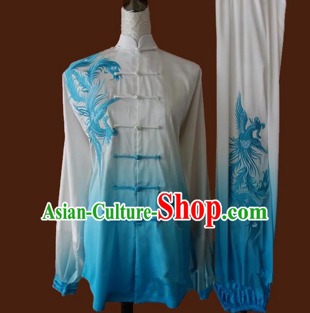 Top Grade Kung Fu Silk Costume Asian Chinese Martial Arts Tai Chi Training Gradient Blue Uniform, China Embroidery Phoenix Gongfu Shaolin Wushu Clothing for Women