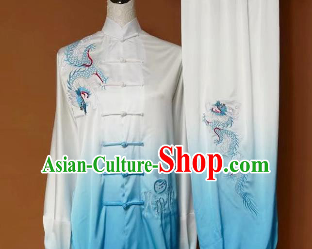 Top Grade Kung Fu Silk Costume Asian Chinese Martial Arts Tai Chi Training Gradient Blue Uniform, China Embroidery Dragon Gongfu Shaolin Wushu Clothing for Women