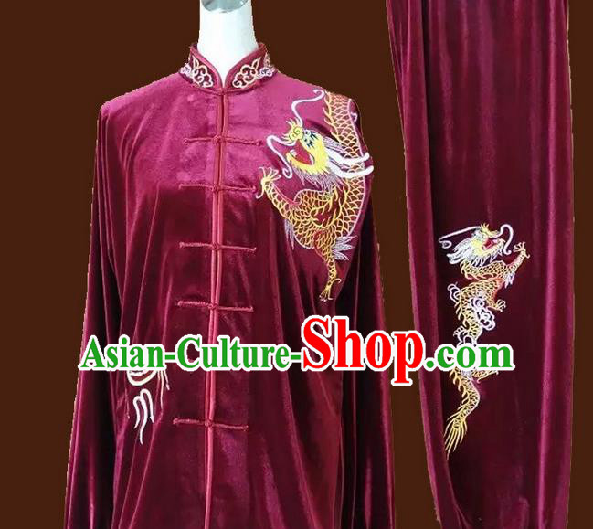 Top Grade Kung Fu Velvet Costume Asian Chinese Martial Arts Tai Chi Training Wine Red Uniform, China Embroidery Dragon Gongfu Shaolin Wushu Clothing for Women