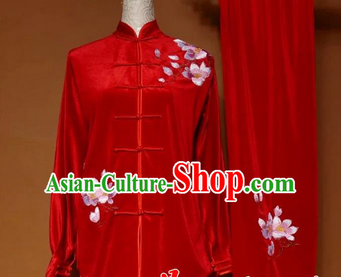 Top Grade Kung Fu Velvet Costume Asian Chinese Martial Arts Tai Chi Training Red Uniform, China Embroidery Magnolia Flower Gongfu Shaolin Wushu Clothing for Women