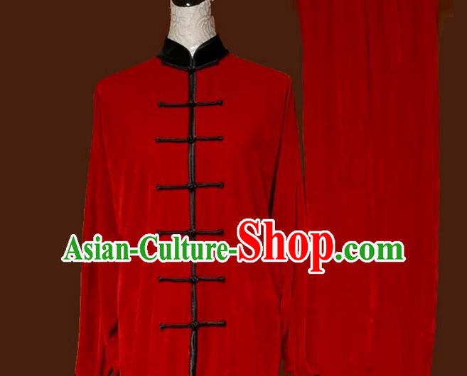 Top Grade Kung Fu Velvet Costume Asian Chinese Martial Arts Tai Chi Training Red Uniform, China Plated Buttons Gongfu Shaolin Wushu Clothing for Women