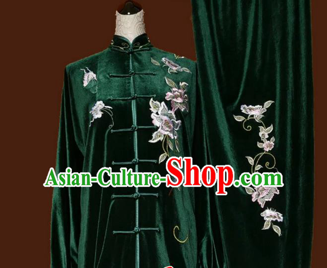 Top Grade Kung Fu Velvet Costume Asian Chinese Martial Arts Tai Chi Training Green Uniform, China Embroidery Peony Gongfu Shaolin Wushu Clothing for Women