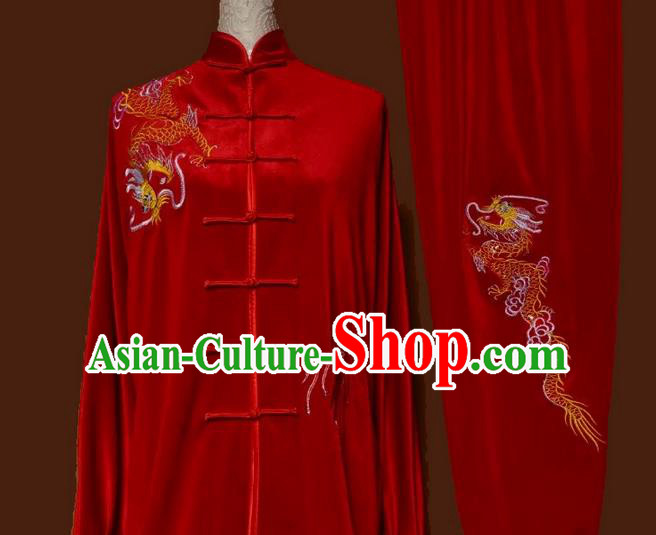 Asian Chinese Top Grade Velvet Kung Fu Costume Martial Arts Tai Chi Training Red Uniform, China Embroidery Dragon Gongfu Shaolin Wushu Clothing for Women