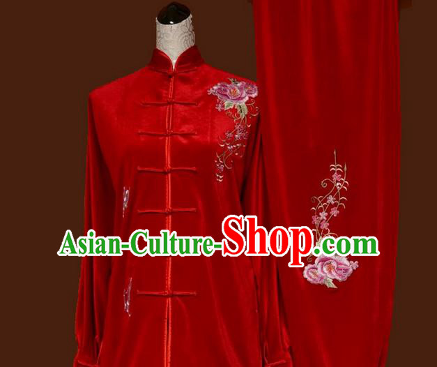 Asian Chinese Top Grade Velvet Kung Fu Costume Martial Arts Tai Chi Training Red Uniform, China Embroidery Butterfly Flowers Gongfu Shaolin Wushu Clothing for Women