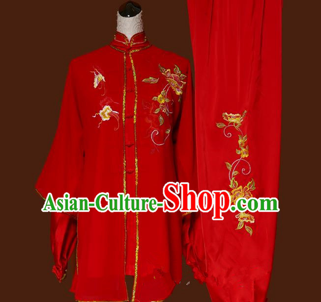 Top Grade Kung Fu Silk Costume Asian Chinese Martial Arts Tai Chi Training Red Uniform, China Embroidery Peony Gongfu Shaolin Wushu Clothing for Women