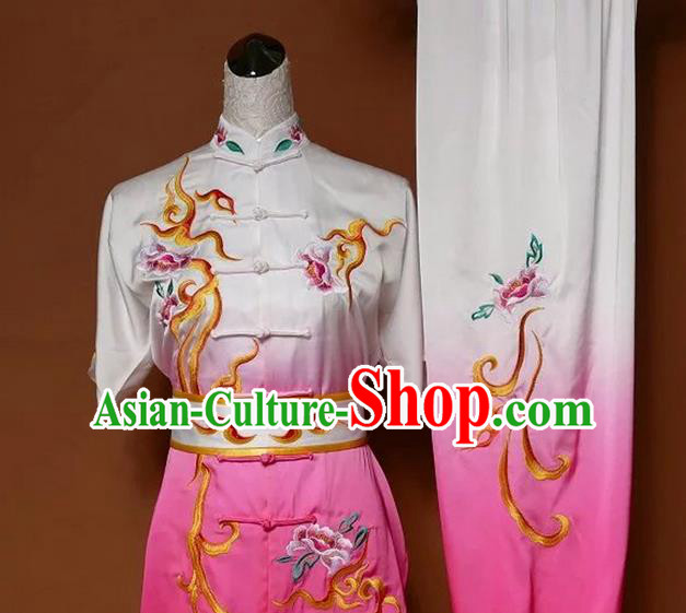 Asian Chinese Top Grade Silk Kung Fu Costume Martial Arts Tai Chi Training Gradient Pink Uniform, China Embroidery Peony Gongfu Shaolin Wushu Clothing for Women
