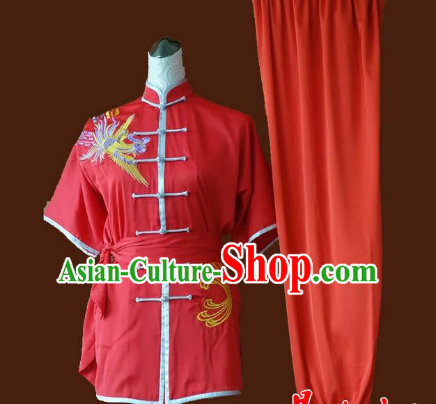 Asian Chinese Top Grade Silk Kung Fu Costume Martial Arts Tai Chi Training Red Suit, China Embroidery Phoenix Gongfu Shaolin Wushu Uniform for Women