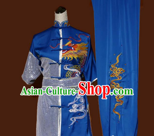 Asian Chinese Top Grade Silk Kung Fu Costume Martial Arts Tai Chi Training Blue Suit, China Embroidery Dragon Gongfu Shaolin Wushu Uniform for Men