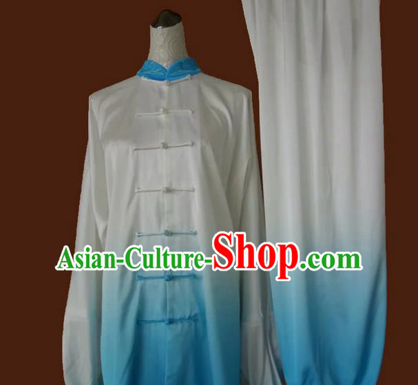 Asian Chinese Top Grade Silk Kung Fu Costume Martial Arts Tai Chi Training Suit, China Gongfu Shaolin Wushu Embroidery Dragon Gradient Blue Uniform for Men