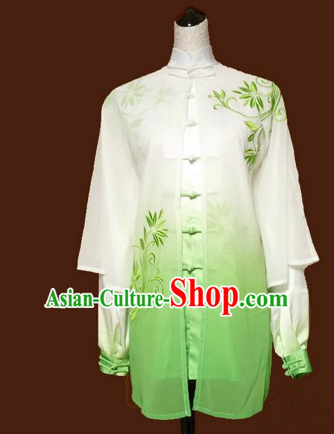 Asian Chinese Top Grade Linen Kung Fu Costume Martial Arts Tai Chi Training Suit, China Gongfu Shaolin Wushu Embroidery Bamboo Leaves Gradient Green Uniform for Women