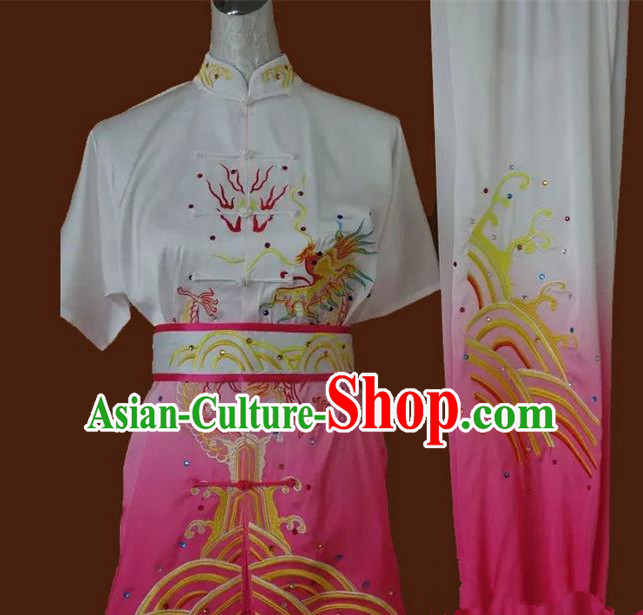 Asian Chinese Top Grade Silk Kung Fu Costume Martial Arts Tai Chi Training Suit, China Gongfu Shaolin Wushu Embroidery Dragon Pink Uniform for Women