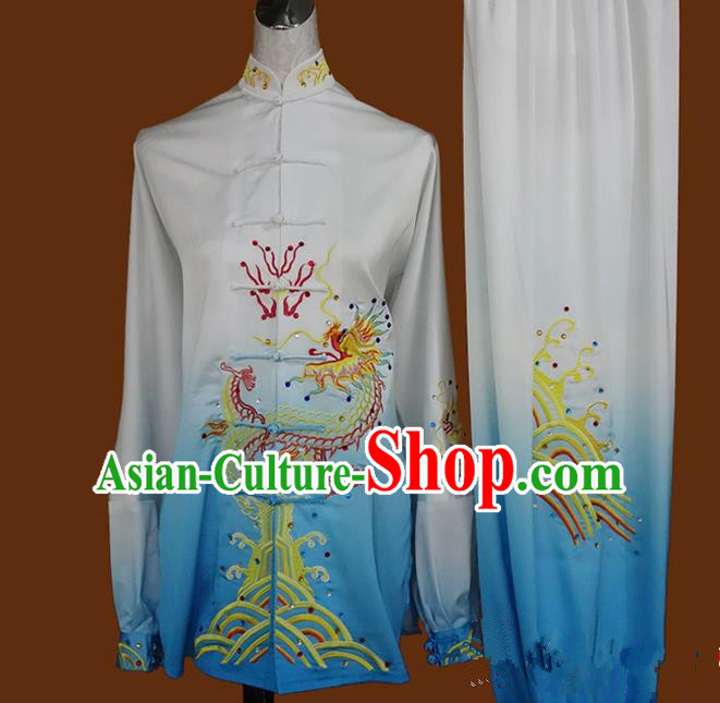 Asian Chinese Top Grade Silk Kung Fu Costume Martial Arts Tai Chi Training Suit, China Gongfu Shaolin Wushu Embroidery Dragon Long Sleeve Blue Uniform for Women