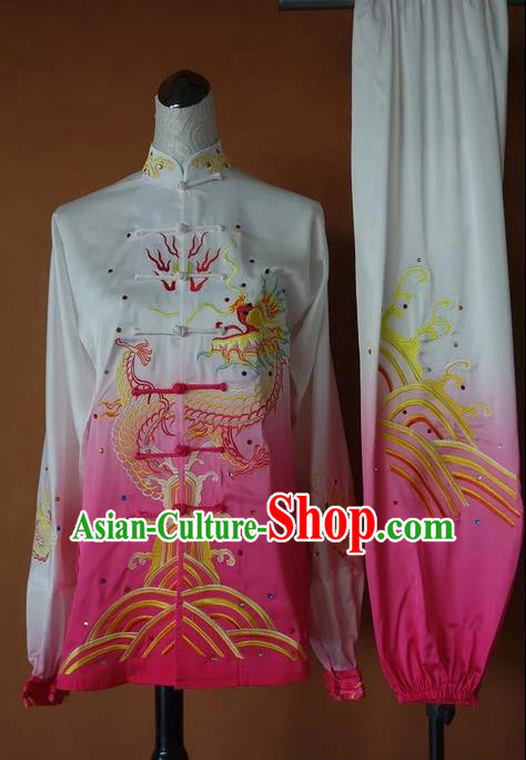 Asian Chinese Top Grade Silk Kung Fu Costume Martial Arts Tai Chi Training Suit, China Gongfu Shaolin Wushu Embroidery Dragon Long Sleeve Pink Uniform for Women