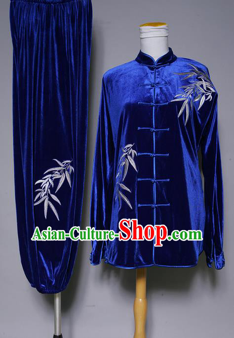 Asian Chinese Top Grade Velvet Kung Fu Costume Martial Arts Tai Chi Training Suit, China Gongfu Shaolin Wushu Embroidery Bamboo leaves Blue Uniform for Women