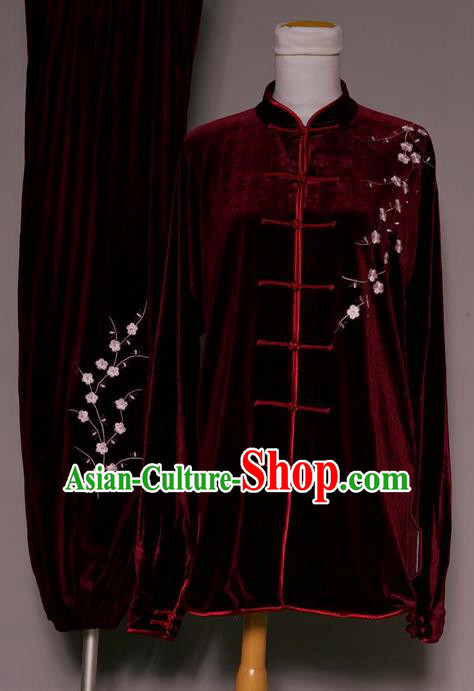 Asian Chinese Top Grade Velvet Kung Fu Costume Martial Arts Tai Chi Training Suit, China Gongfu Shaolin Wushu Embroidery Red Plum Blossom Wine Red Uniform for Women