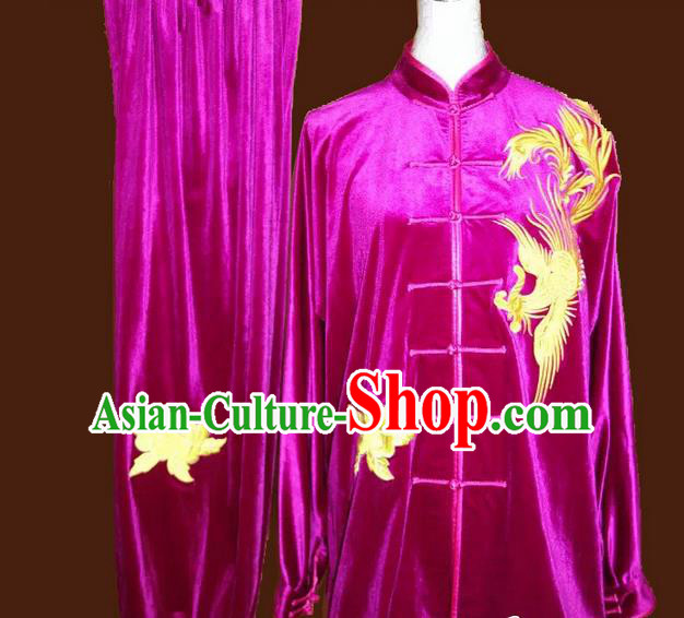 Asian Chinese Top Grade Velvet Kung Fu Costume Martial Arts Tai Chi Training Suit, China Gongfu Shaolin Wushu Embroidery Phoenix Rosy Uniform for Women