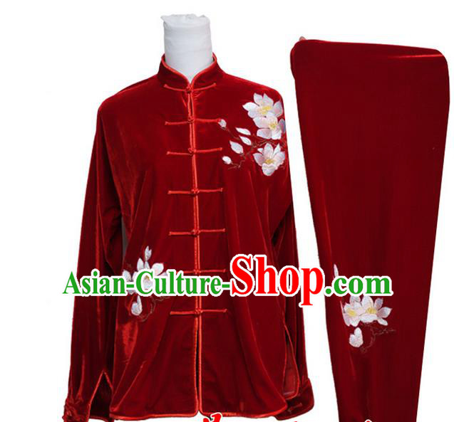 Asian Chinese Top Grade Velvet Kung Fu Costume Martial Arts Tai Chi Training Suit, China Gongfu Shaolin Wushu Embroidery Magnolia Flower Red Uniform for Women