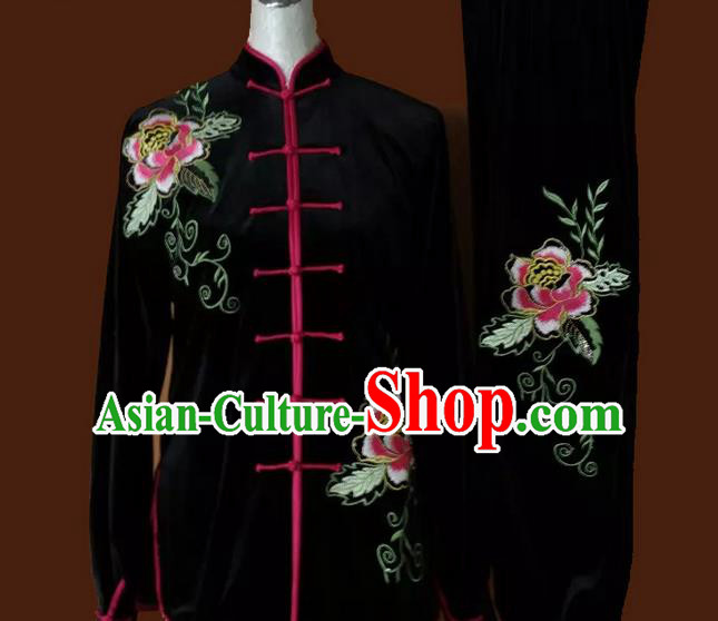 Asian Chinese Top Grade Velvet Kung Fu Costume Martial Arts Tai Chi Training Suit, China Gongfu Shaolin Wushu Embroidery Peony Flower Black Uniform for Women