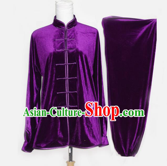 Asian Chinese Top Grade Velvet Kung Fu Costume Martial Arts Tai Chi Training Suit, China Gongfu Shaolin Wushu Purple Uniform for Men