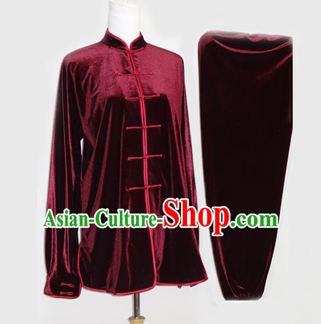 Asian Chinese Top Grade Velvet Kung Fu Costume Martial Arts Tai Chi Training Suit, China Gongfu Shaolin Wushu Wine Red Uniform for Men