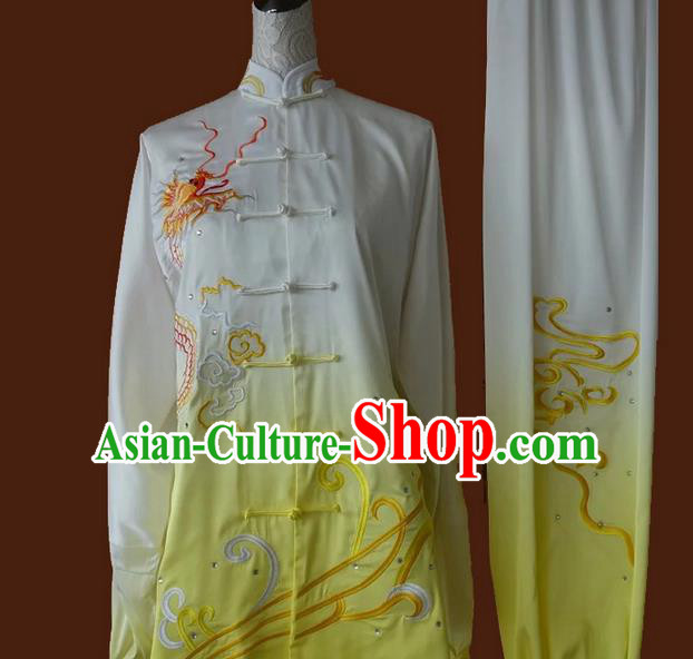 Asian Chinese Top Grade Silk Kung Fu Costume Martial Arts Tai Chi Training Suit, China Gongfu Shaolin Wushu Embroidery Dragon Yellow Uniform for Men