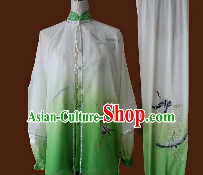 Asian Chinese Top Grade Silk Kung Fu Costume Martial Arts Tai Chi Training Suit, China Gongfu Shaolin Wushu Embroidery Crane Green Uniform for Men