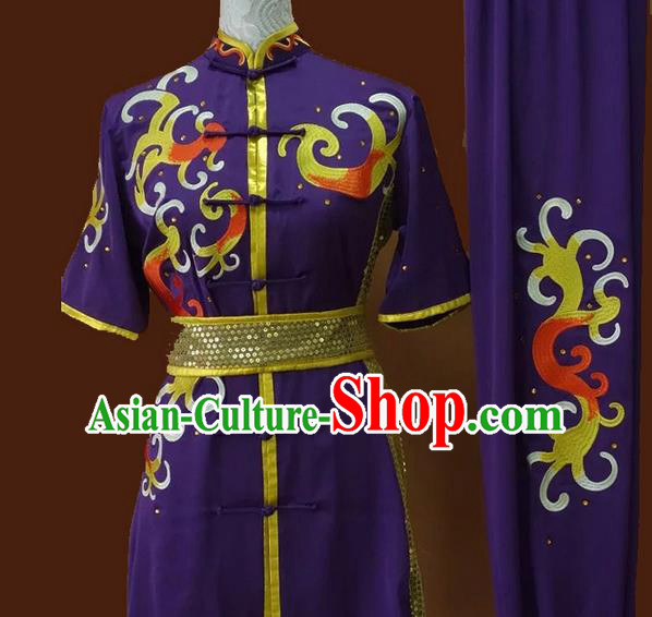 Asian Chinese Top Grade Silk Kung Fu Costume Martial Arts Tai Chi Training Suit, China Gongfu Shaolin Wushu Embroidery Purple Uniform for Men