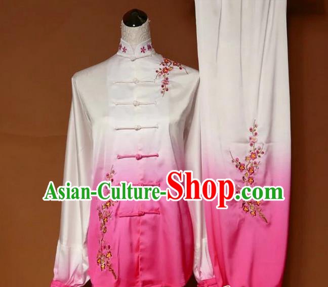 Asian Chinese Top Grade Linen Kung Fu Costume Martial Arts Tai Chi Training Suit, China Gongfu Shaolin Wushu Embroidery Wintersweet Gradient Pink Uniform for Women
