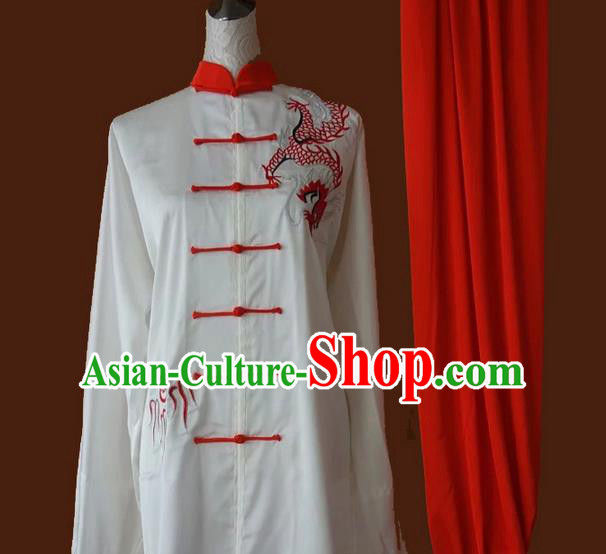 Asian Chinese Top Grade Silk Kung Fu Costume Martial Arts Tai Chi Training Suit, China Gongfu Shaolin Wushu Embroidery Red Dragon Uniform for Men