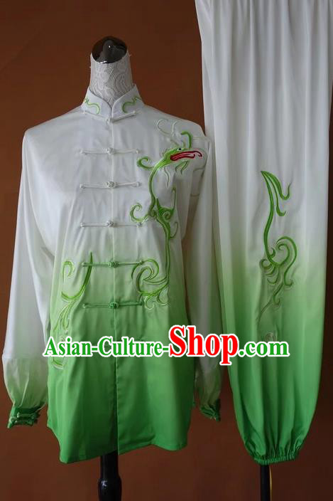 Asian Chinese Top Grade Silk Kung Fu Costume Martial Arts Tai Chi Training Suit, China Gongfu Shaolin Wushu Embroidery Green Uniform for Men
