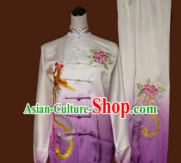 Asian Chinese Top Grade Linen Kung Fu Costume Martial Arts Tai Chi Training Suit, China Gongfu Shaolin Wushu Embroidery Phoenix Peony Gradient Purple Uniform for Women