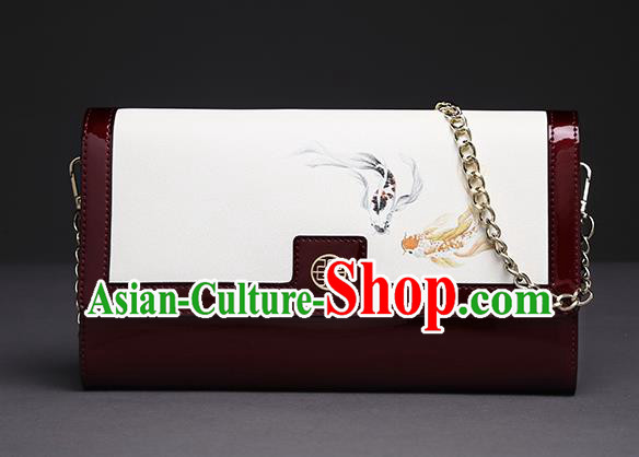 Traditional Handmade Asian Chinese Element Clutch Bags Folding Wallet National Printing Fish Red Chain Handbag for Women