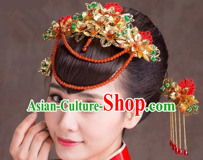 Traditional Handmade Chinese Ancient Classical Hair Accessories Complete Set, Step Shake Hair Sticks Phoenix Coronet, Bride Hair Fascinators Hairpins for Women