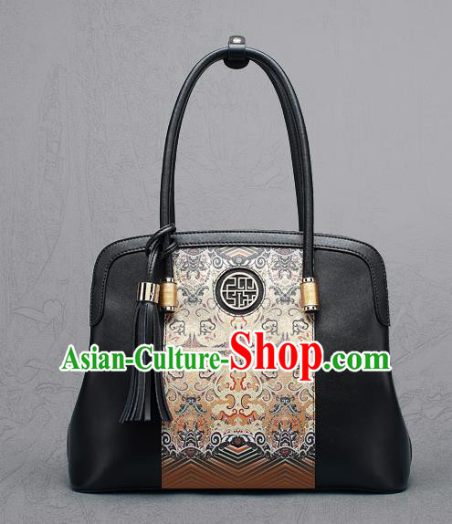 Traditional Handmade Asian Chinese Element Clutch Bags Shoulder Bag National Black Printing Handbag for Women