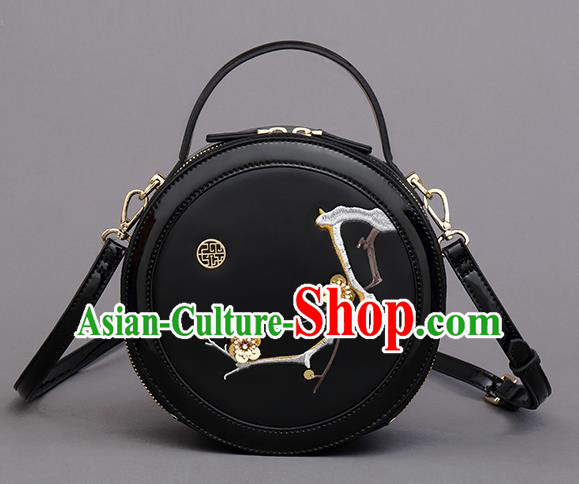 Traditional Handmade Asian Chinese Element Clutch Bags Shoulder Bag Embroidery Plum Blossom Haversack National Black Round Handbag for Women