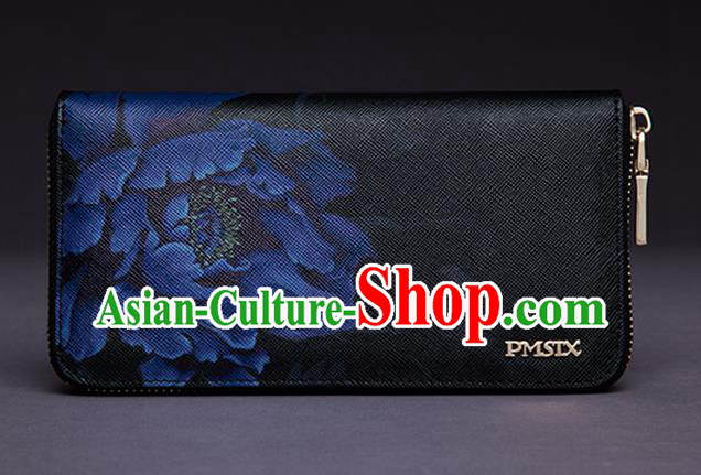 Traditional Handmade Asian Chinese Element Printing Peony Wallet National Handbag Black Purse for Women